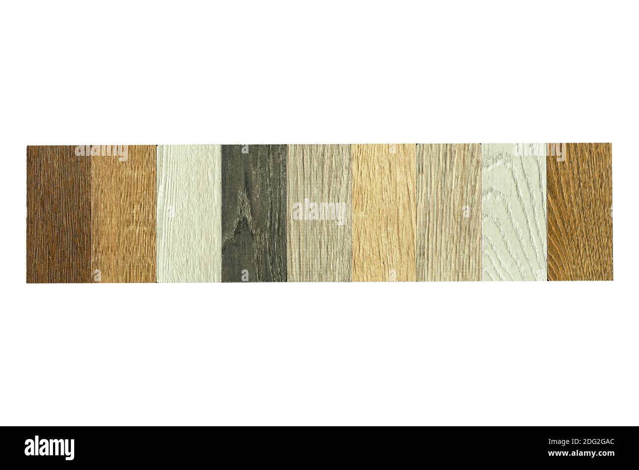 Campioni di legno di diversi colori e specie per pavimenti in laminato e parquet. Campioni di legno multicolore per la produzione di pavimenti e skirtin Foto Stock