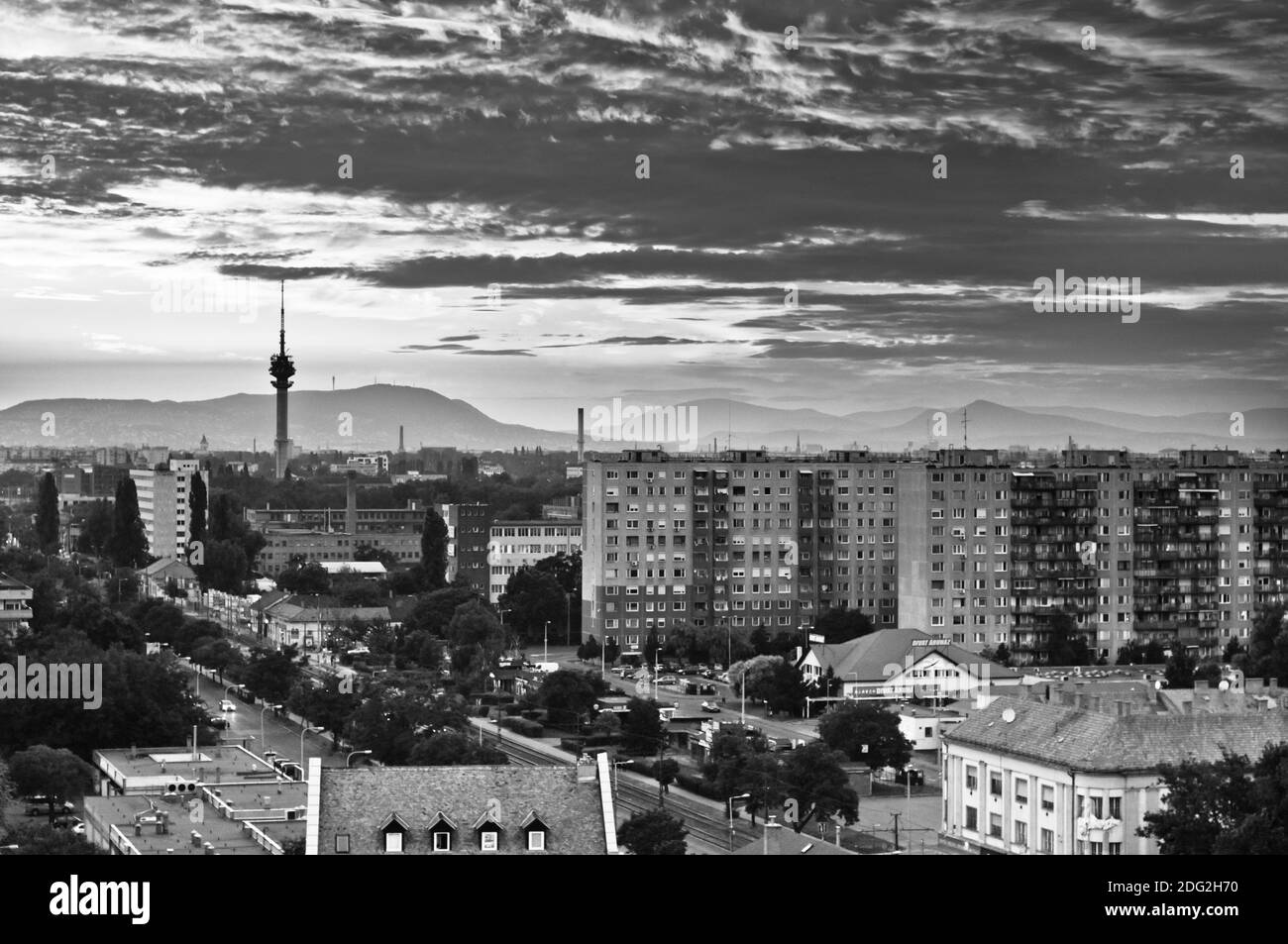 Foto in bianco e nero di una città Foto Stock