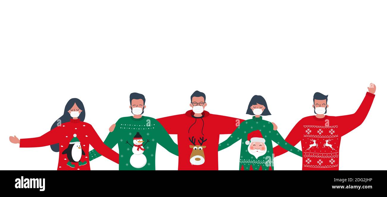 Brutto Natale Sweater festa durante l'epidemia di coronavirus. Giovani in felpe natalizie rosse e verdi con cervi, pupazzi di neve, pinguini. Illustrazione Vettoriale