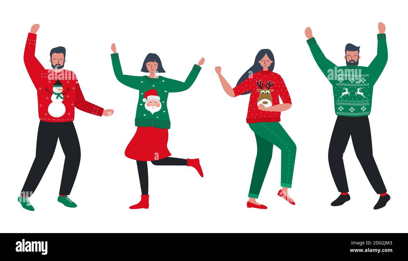 Brutto Natale Sweater Party. I giovani in rosso e verde pullover natalizi con cervo, pupazzo di neve, Babbo Natale sono danza. Illustrazione vettoriale. Illustrazione Vettoriale