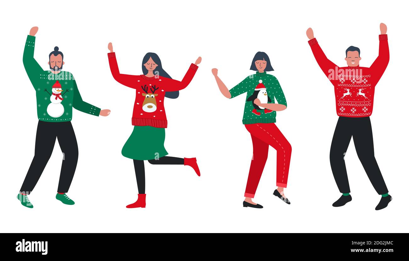 Brutto Natale Sweater Party. I giovani in rosso e verde pullover natalizi con cervi, pupazzi di neve, pinguini sono danza. Illustrazione vettoriale. Illustrazione Vettoriale