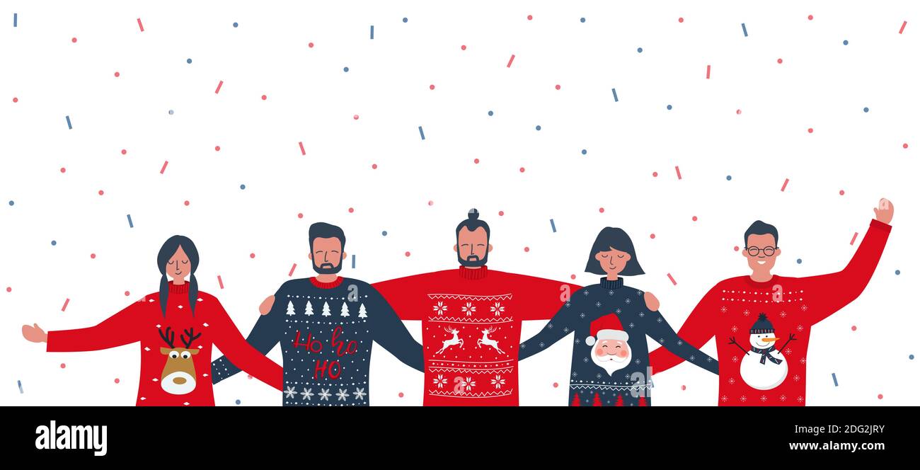 Brutto Natale Sweater Party. Giovani in felpe natalizie rosse e blu con cervi, pupazzi di neve, Babbo Natale. I migliori amici sono stare insieme e abbracciare Illustrazione Vettoriale