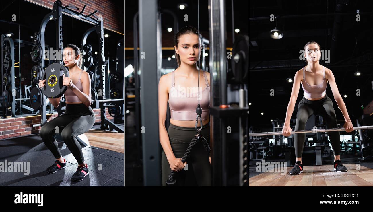 collage di sportswoman che lavora fuori sulle macchine di esercitazione e che fa sedersi su con il disco di peso, la bandiera Foto Stock