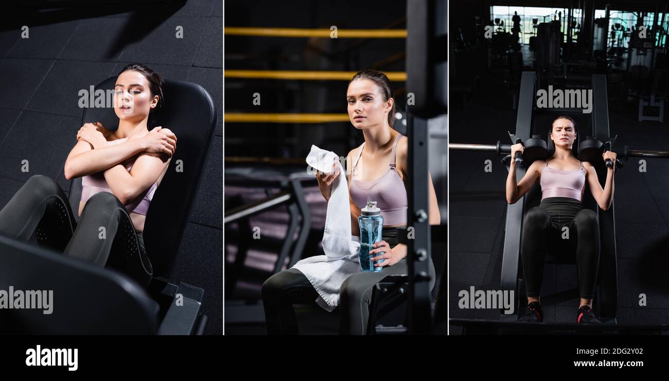 collage di sportswoman che si esercita su macchine da allenamento, e riposarsi mentre si tiene la bottiglia di sport e asciugamano, banner Foto Stock
