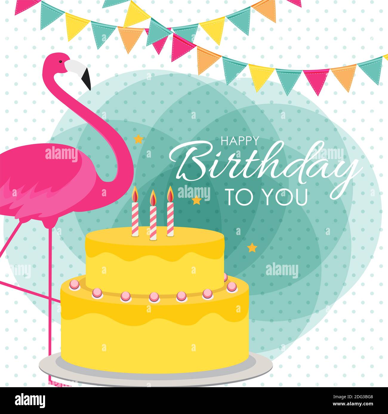 Happy Birthday Poster sfondo con torta colorata e Cartoon Pink Flamingo. Illustrazione. Foto Stock