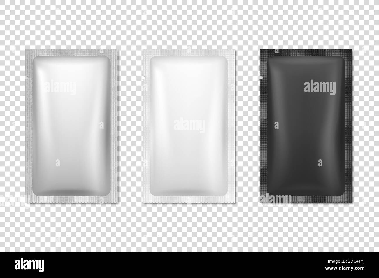 Vector 3d realistic foil, bianco, plastica nera, carta lunga Slim Blank Set di confezionamento isolato. Caffè, tè, sale, zucchero, spezie, bustina e salvietta umida Illustrazione Vettoriale