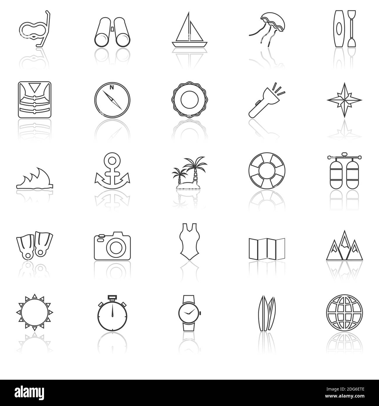 Icone delle linee di immersione con riflessione su sfondo bianco, vettore stock Illustrazione Vettoriale