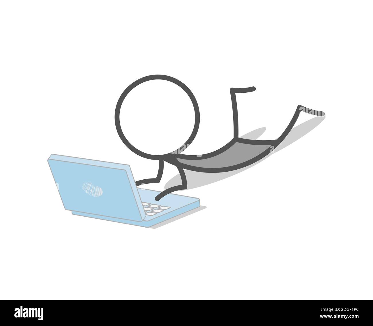 Stickman lavora con il computer portatile sdraiato sul pavimento. Foto Stock