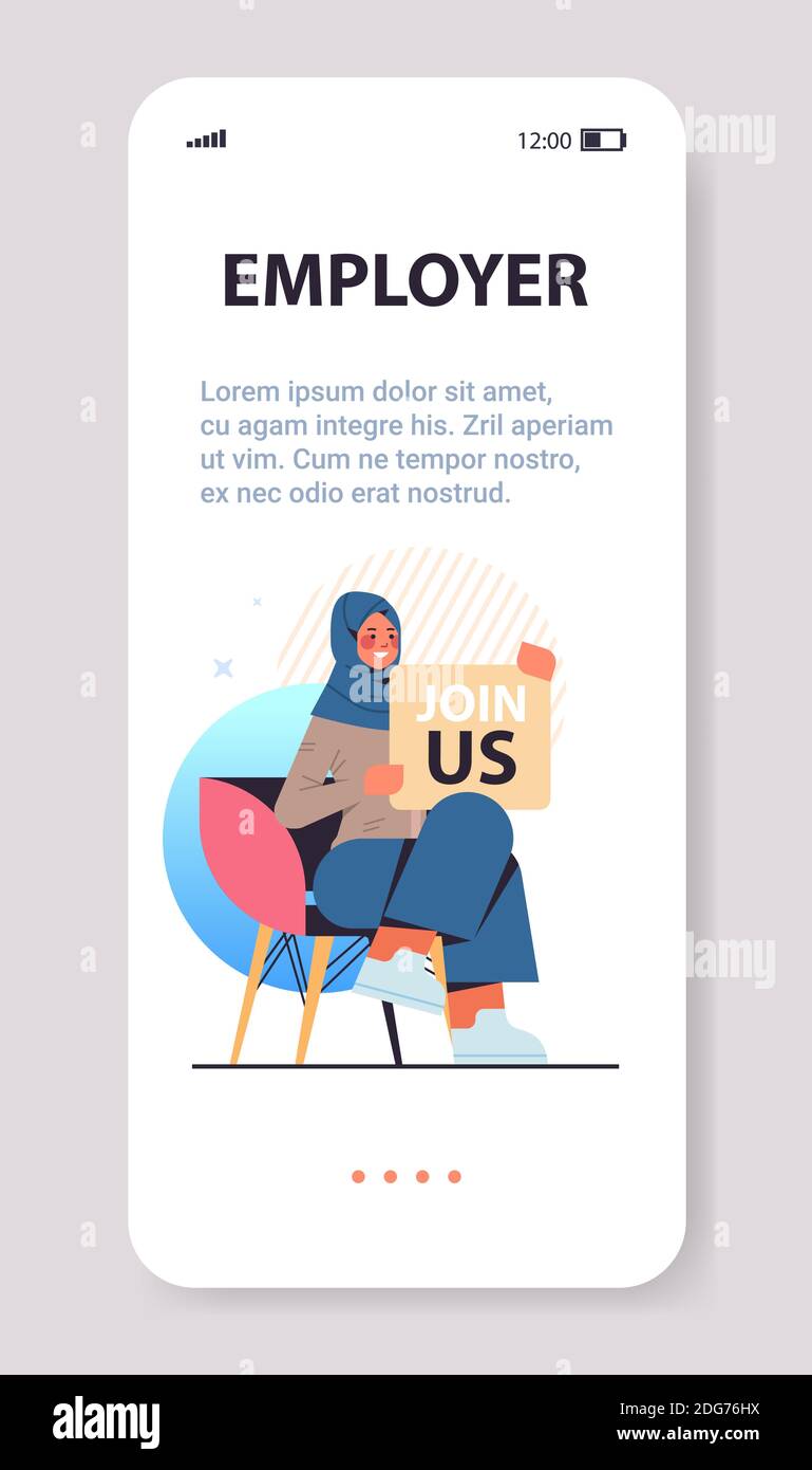 arab woman hr manager tenere insieme a noi poster vacancy aperto reclutamento risorse umane concetto smartphone schermo verticale copia spazio pieno illustrazione del vettore lunghezza Illustrazione Vettoriale