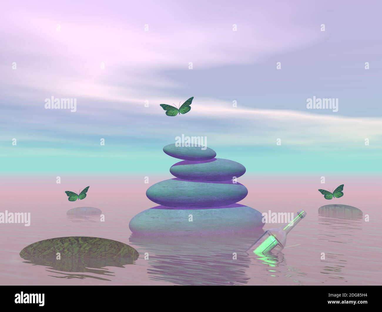 Farfalle in volo in un paesaggio Zen - rendering 3D Foto Stock