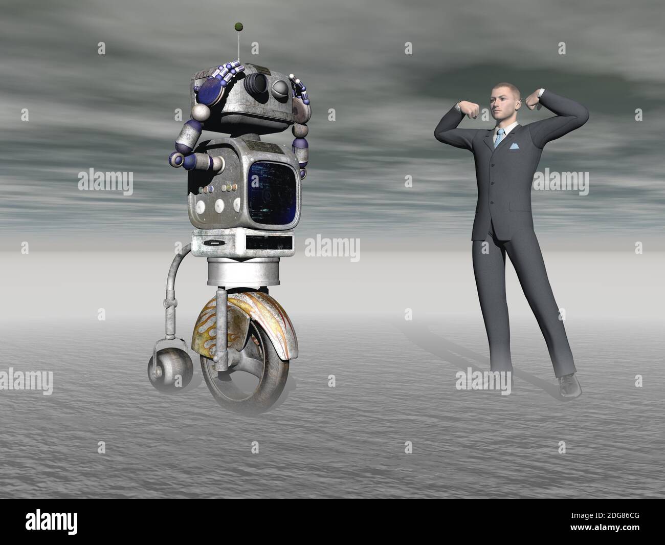 Robot e un uomo in competizione - rendering 3d Foto Stock