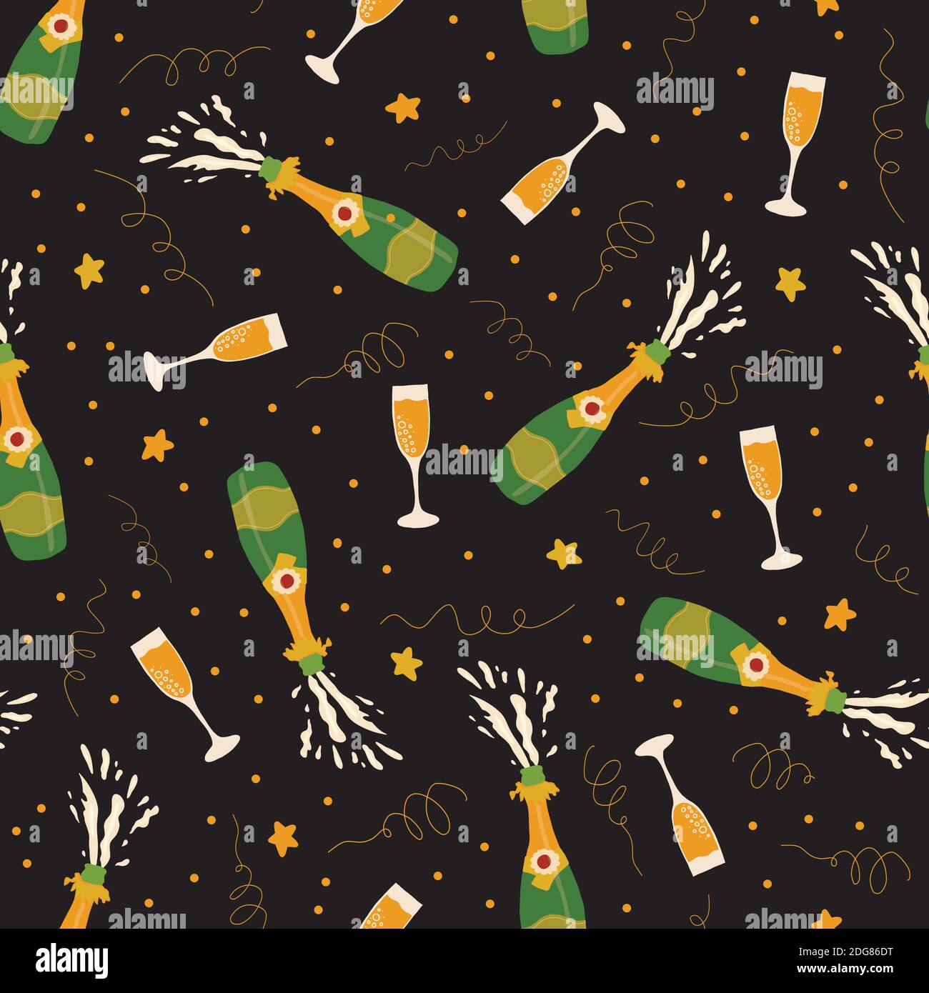 Bottiglie di champagne e bicchieri celebrano il motivo vettoriale senza cuciture. Ripetizione di uno sfondo multidirezionale. Flauti di champagne disegnati a mano su nero Illustrazione Vettoriale