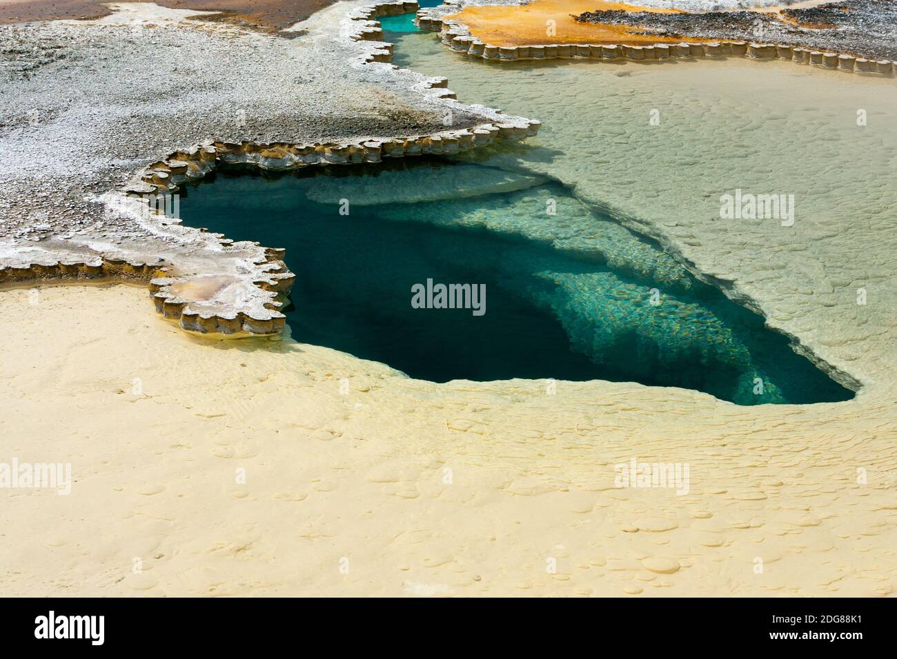 Caratteristica geotermica colorata, Doublet Pool con depositi di geyserite scottati di silice opalina intorno al confine, acqua circa 190○f rara eruzione breve Foto Stock