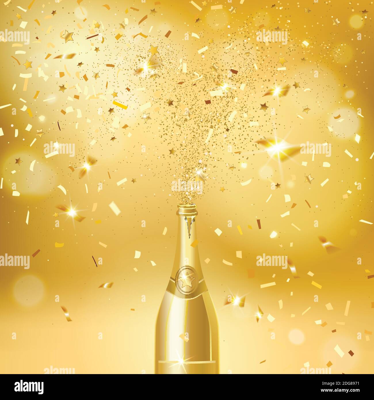bottiglia di champagne su sfondo dorato con confetti d'oro Illustrazione Vettoriale