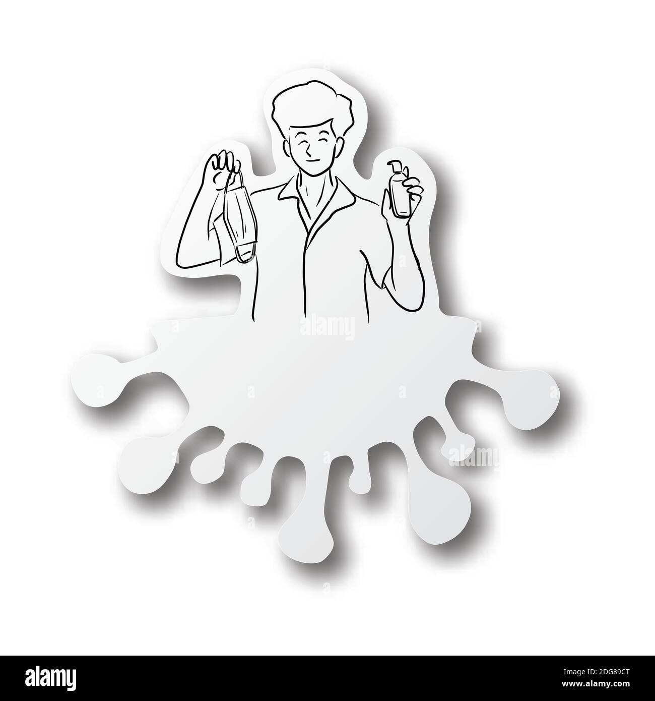 Vettore linea nera mano disegnata di .man che tiene gel di alcool e maschera medica su Covid-19 virus forma carta tagliata con ombra isolata su sfondo bianco. Illustrazione Vettoriale