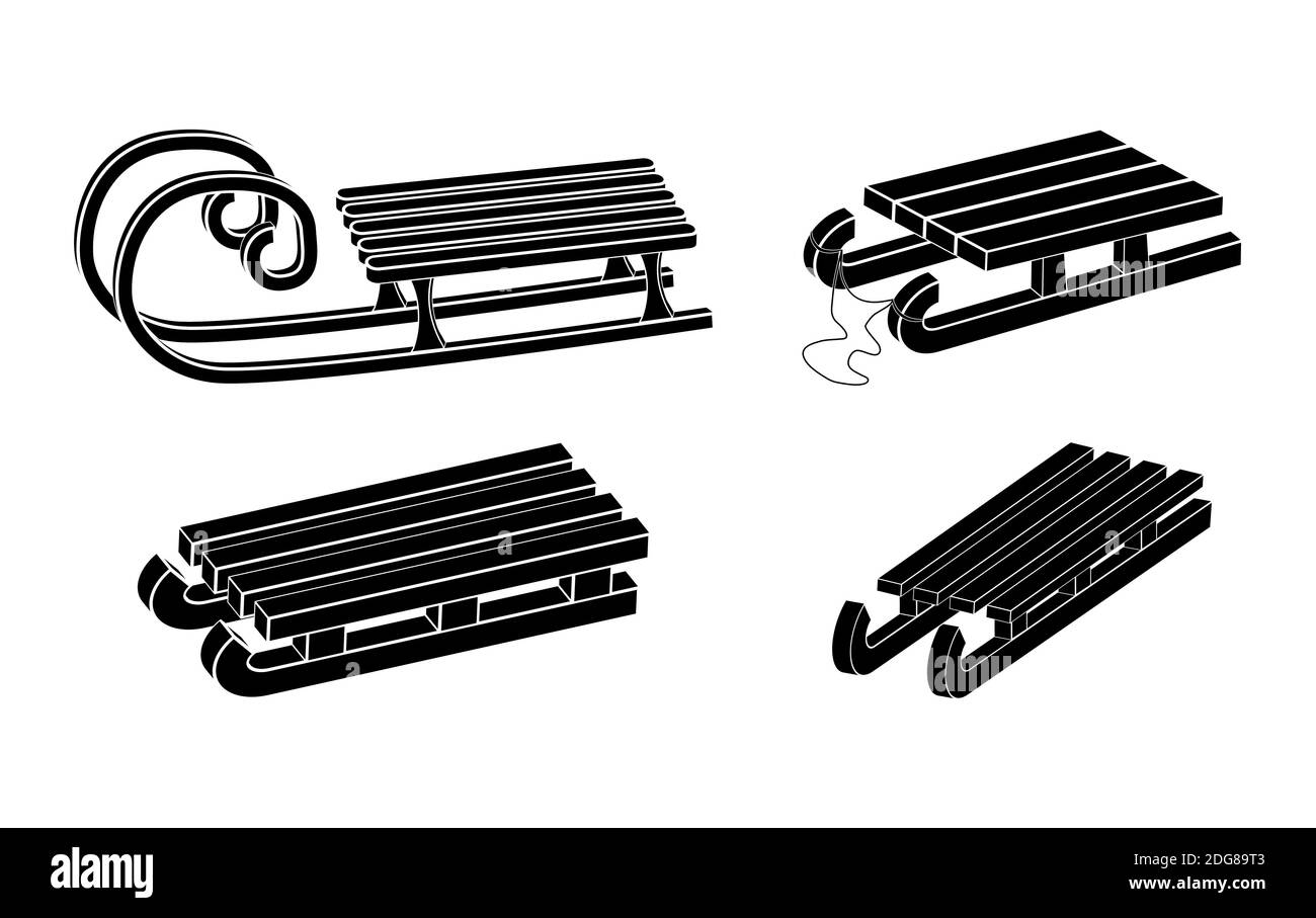 Set di simboli vettoriali per silhouette a slitta. Collezione di icone di slitte invernali per bambini. Slitta da neve in legno di forma nera. Veicolo classico per il trasporto in legno di bambini Illustrazione Vettoriale