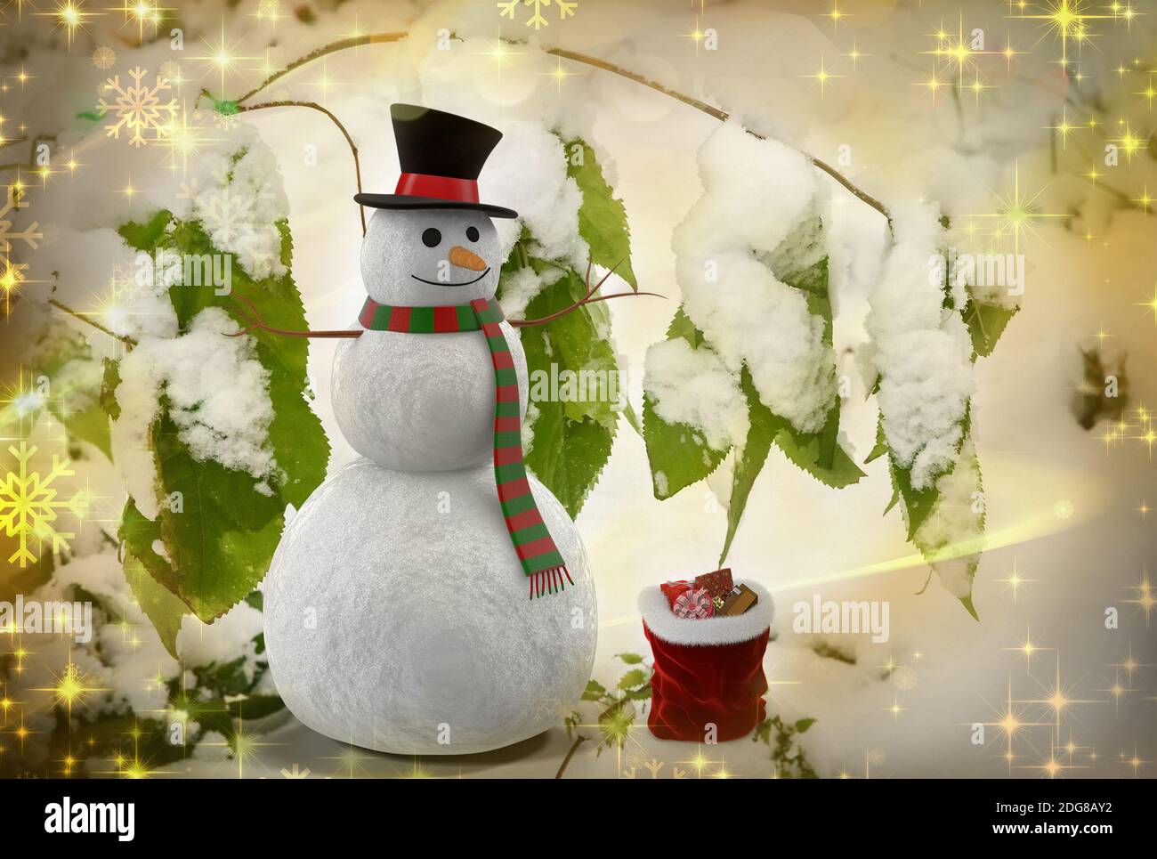 Storia di Natale : pupazzo di neve con regali . Foto Stock