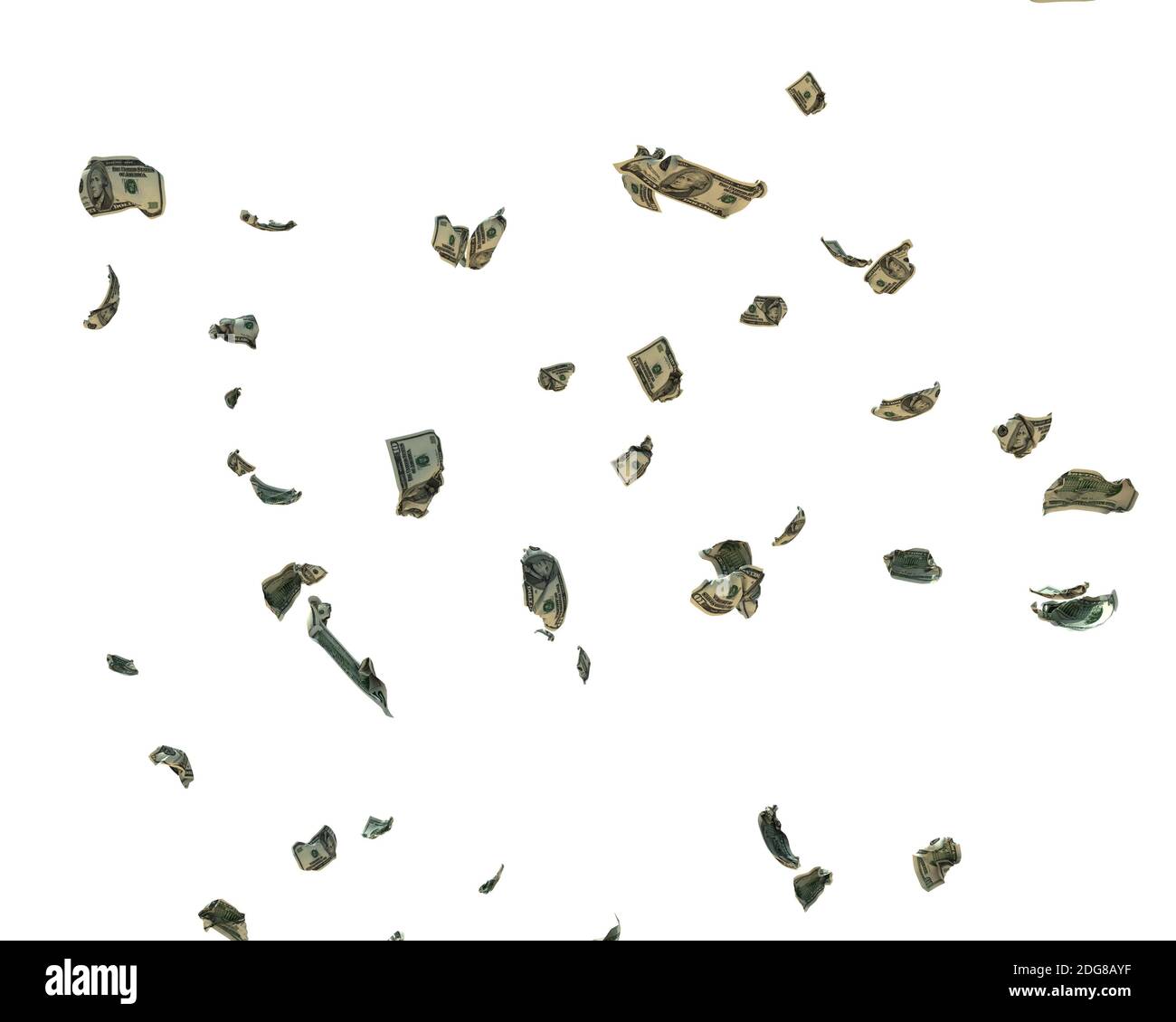 10 Dollaro statunitense banconote sminuzzate che volano, fondo trasparente Foto Stock