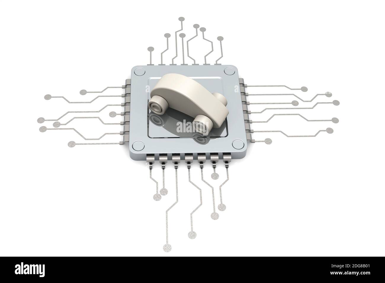 Chip per computer e modello di auto, rendering 3d Foto Stock