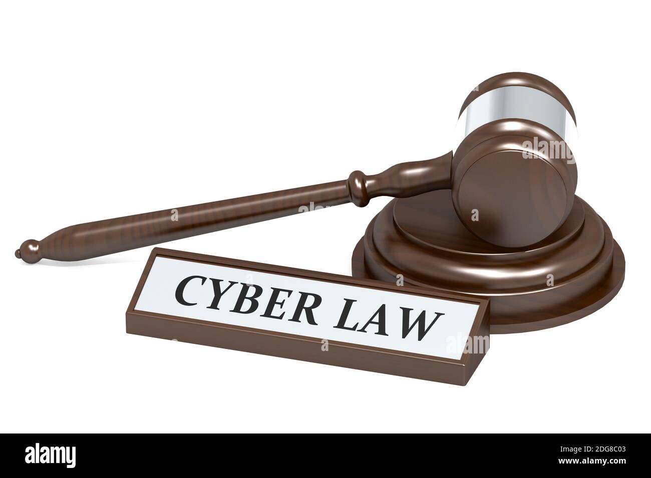 Giudica il gavel e il banner di cyber law, il rendering 3D Foto Stock
