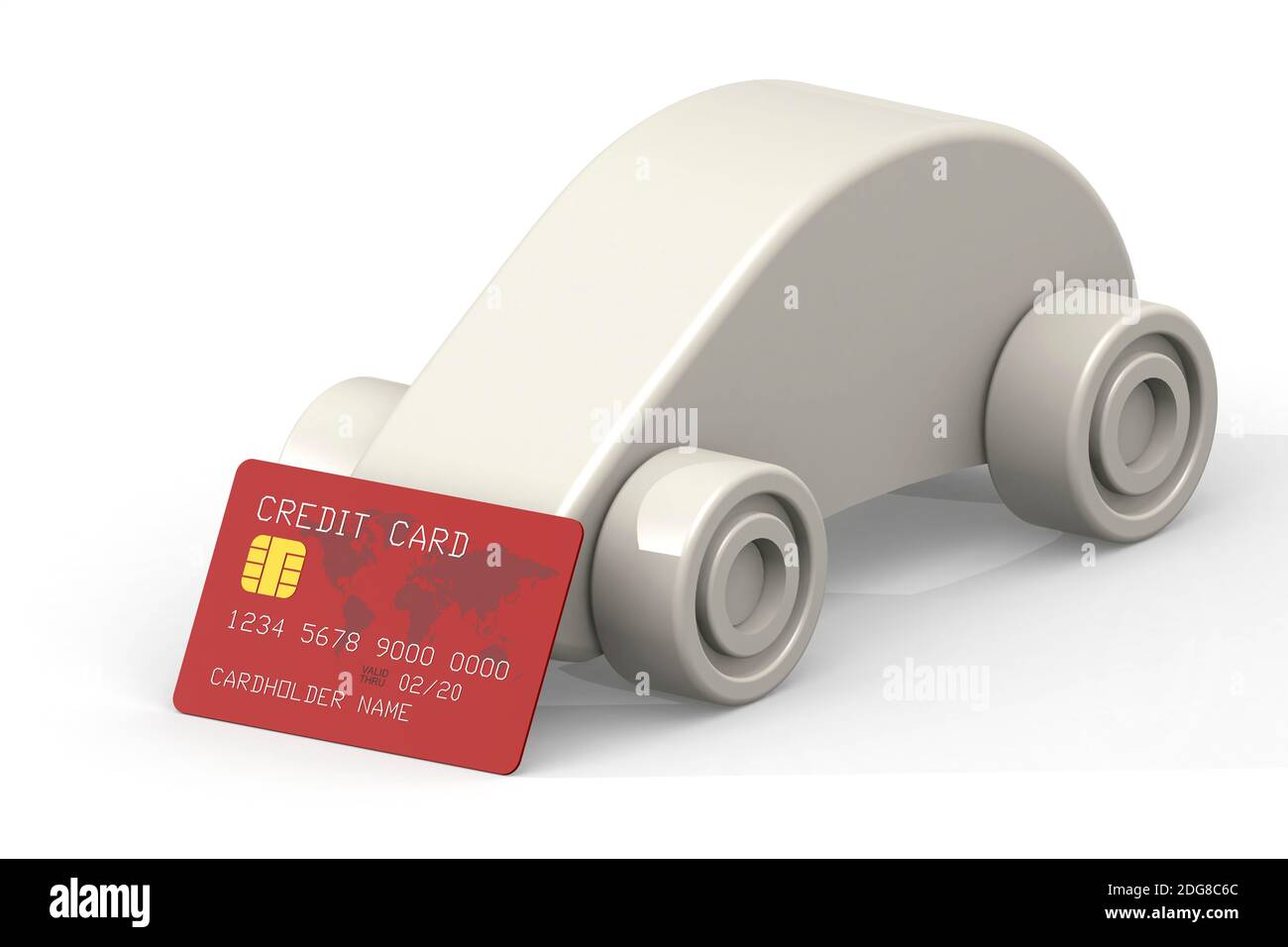 Carte di credito rosse e modello di auto, rendering 3d Foto Stock