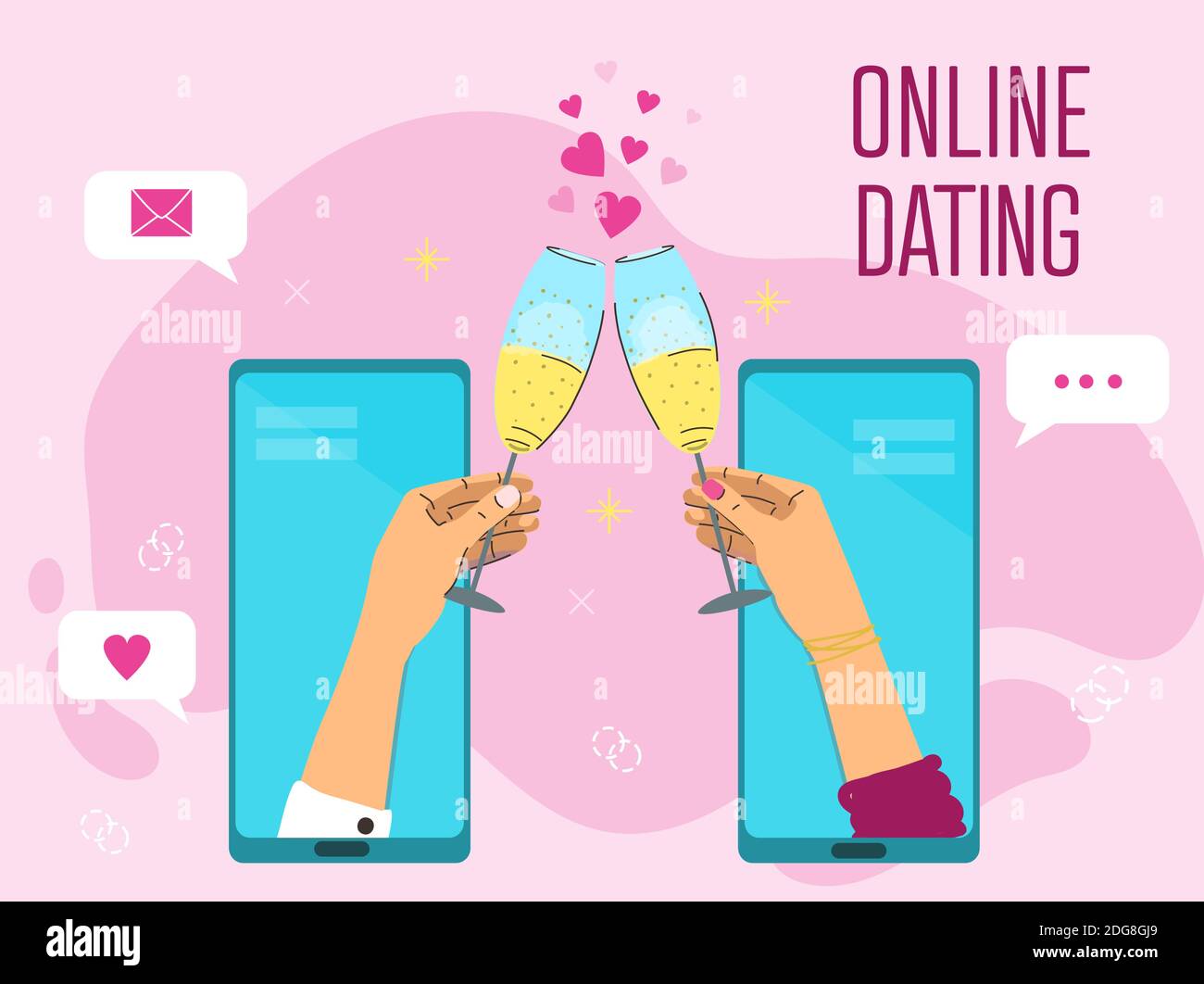 Online dating concetto. Mani che tengono il vino frizzante Illustrazione Vettoriale