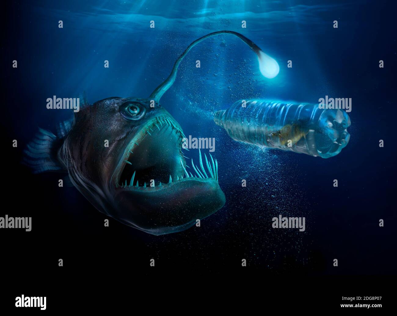 Spaventoso pesce di mare profondo con luce che esamina il pesce in plastica  bottiglia d'acqua Foto stock - Alamy