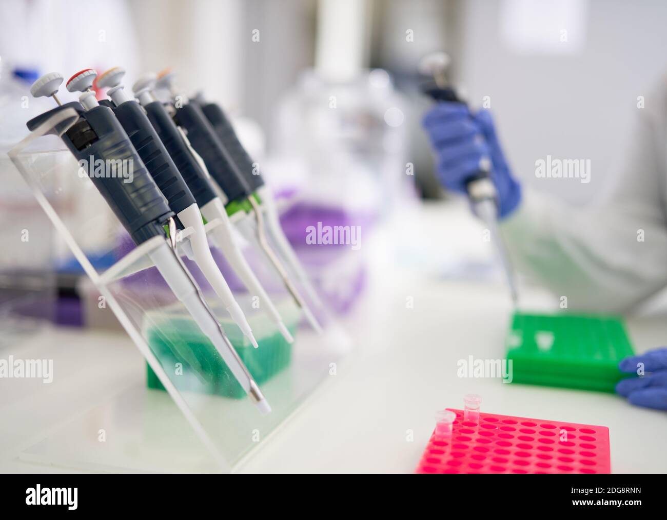 Primo piano delle pipette e del portacampioni nei laboratori scientifici Foto Stock