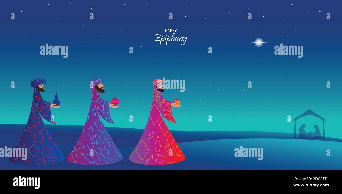Illustrazione vettoriale di Epifania, una festa cristiana. Gesù Cristo subito dopo la sua nascita. Astratto 3 re che guardano la stella in oscuro sfondo di notte Illustrazione Vettoriale