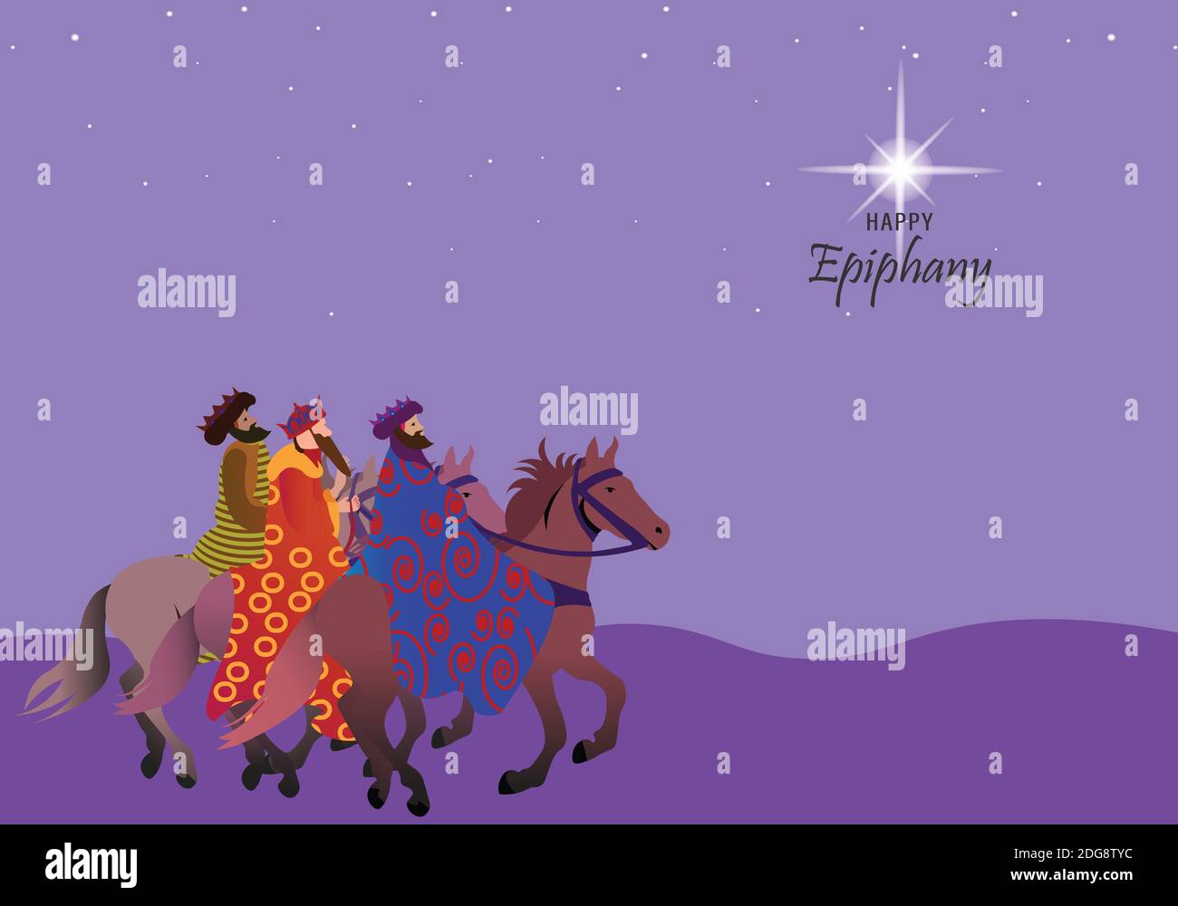 Illustrazione vettoriale di Epifania, una festa cristiana. Gesù Cristo subito dopo la sua nascita. Astratto 3 re che guardano la stella in oscuro sfondo di notte Illustrazione Vettoriale