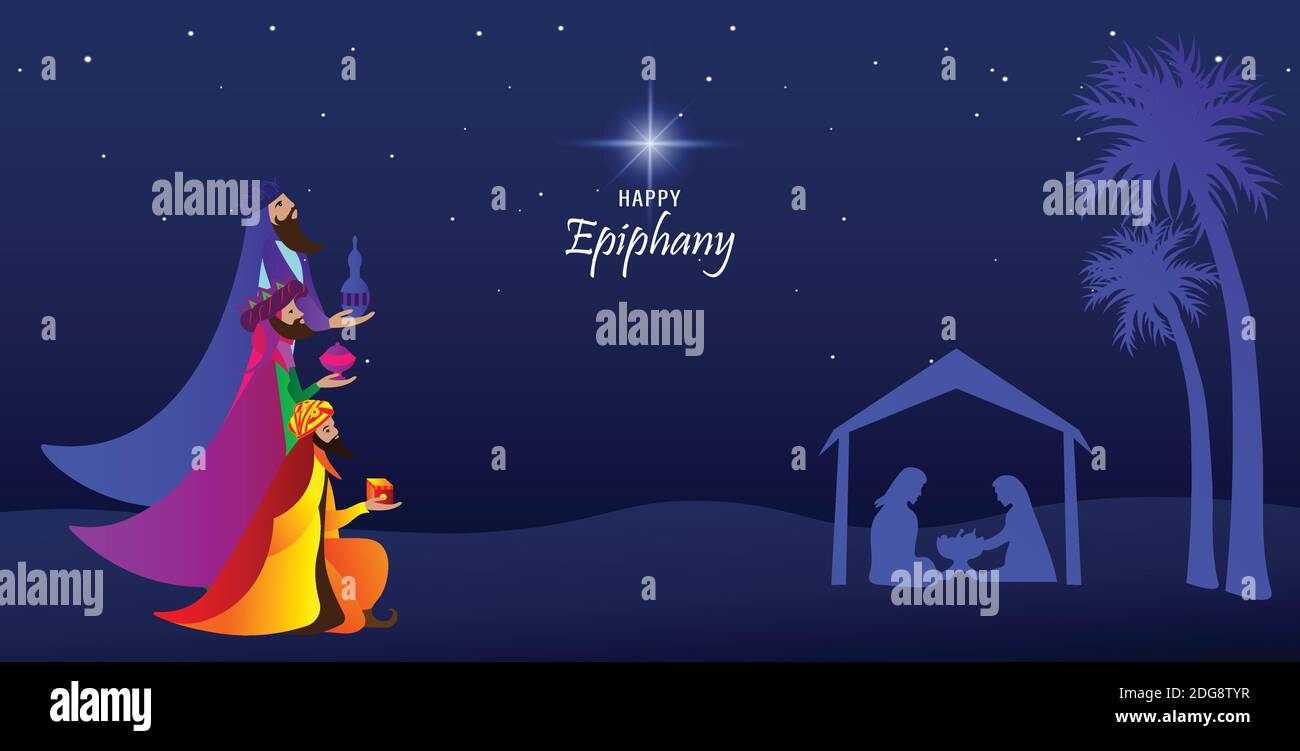 Illustrazione vettoriale di Epifania, una festa cristiana. Gesù Cristo subito dopo la sua nascita. Astratto 3 re che guardano la stella in oscuro sfondo di notte Illustrazione Vettoriale
