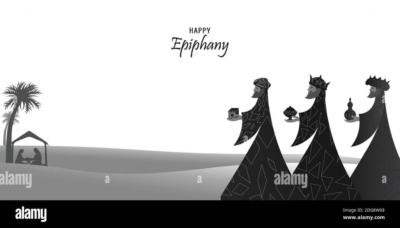Illustrazione vettoriale di Epifania, una festa cristiana. Gesù Cristo subito dopo la sua nascita. Astratto 3 re che guardano la stella in oscuro sfondo di notte Illustrazione Vettoriale