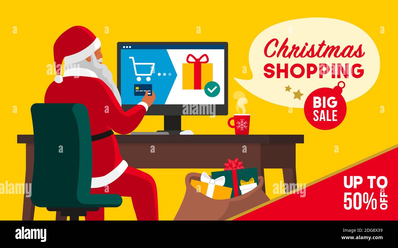 Babbo natale e offerte di shopping di Natale: Sta comprando i regali in linea, vendite e banner di sconti Illustrazione Vettoriale