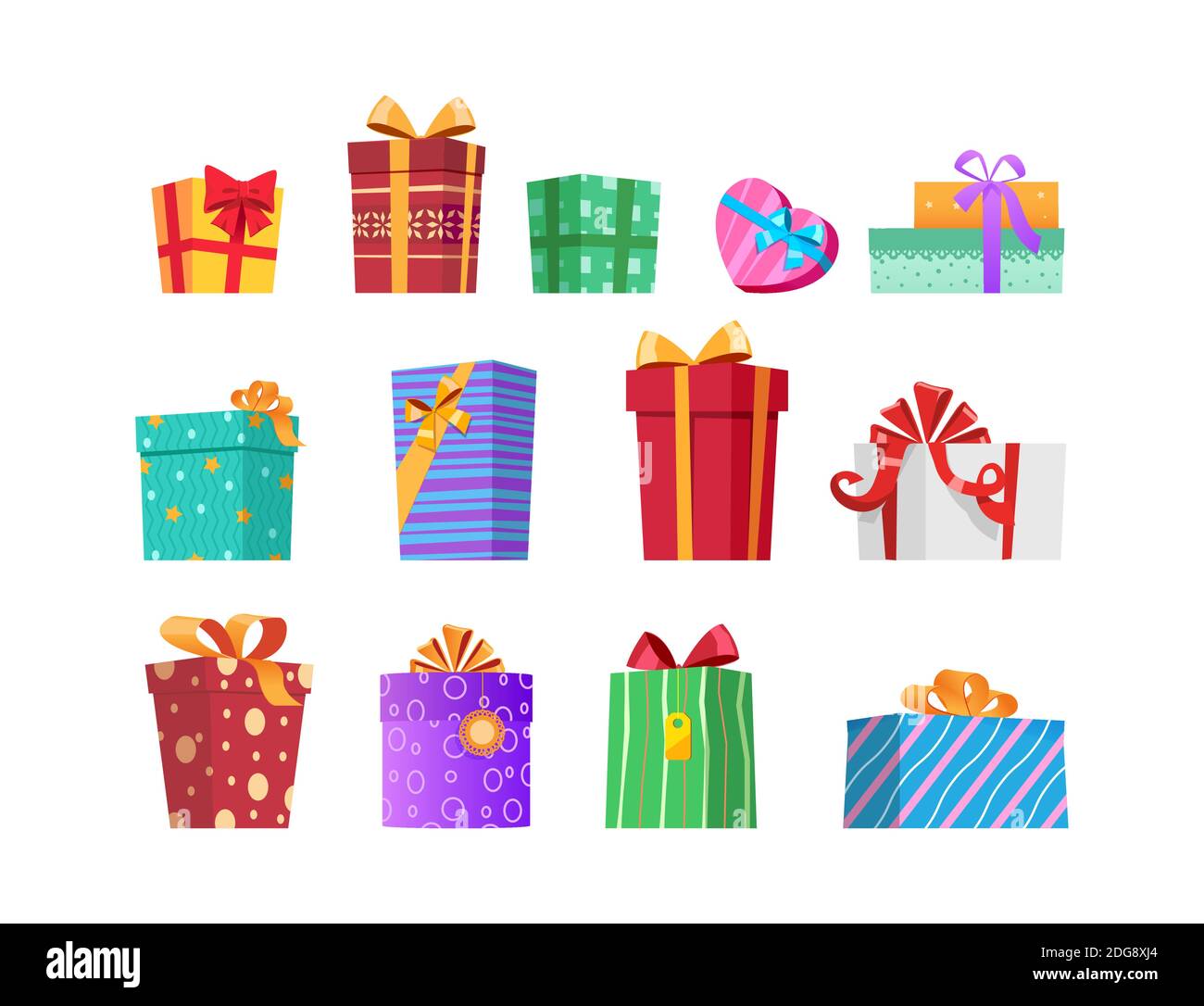 Set di regali isolati. Confezioni regalo multicolore con nastri e archi Illustrazione Vettoriale