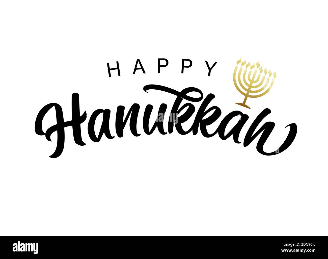 Felice scritta Hanukkah con menorah dorata. Festa ebraica di luci con candele di menorah d'oro su sfondo bianco. Tessera vettoriale per le vacanze Hanuka Illustrazione Vettoriale