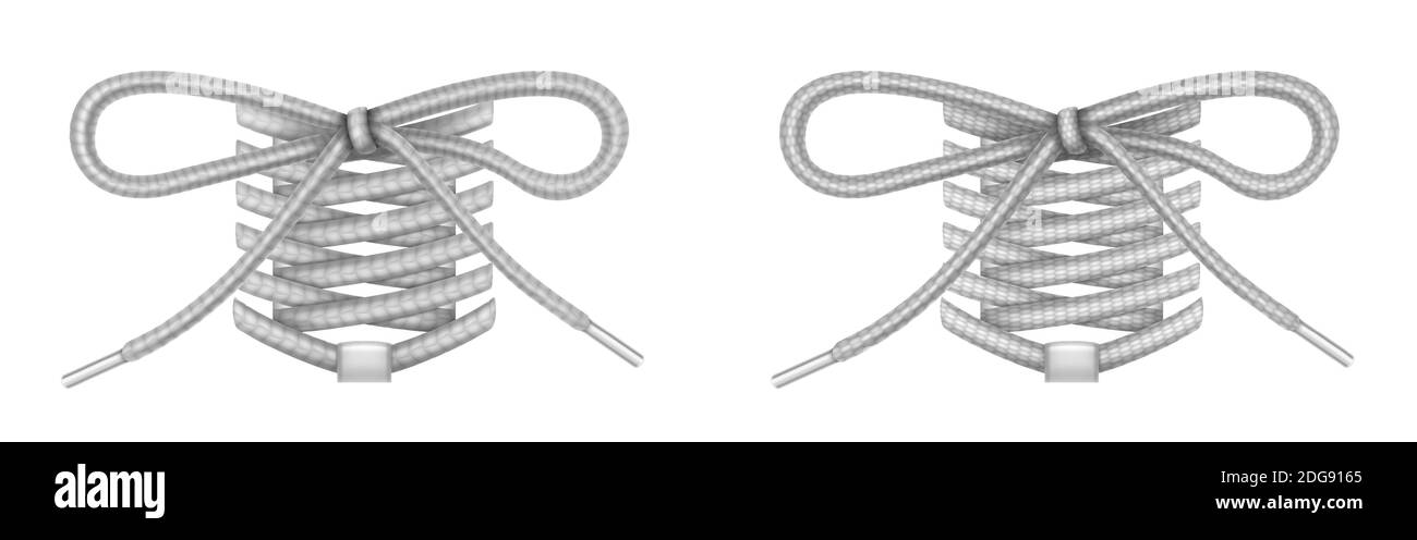 Lacci per scarpe con nodo a fiocco, accessori per poggiapiedi, lacci grigi con mockup delle calette, corde, elementi decorativi per sneakers isolati su sfondo bianco, illustrazione vettoriale 3d realistica, set di icone Illustrazione Vettoriale