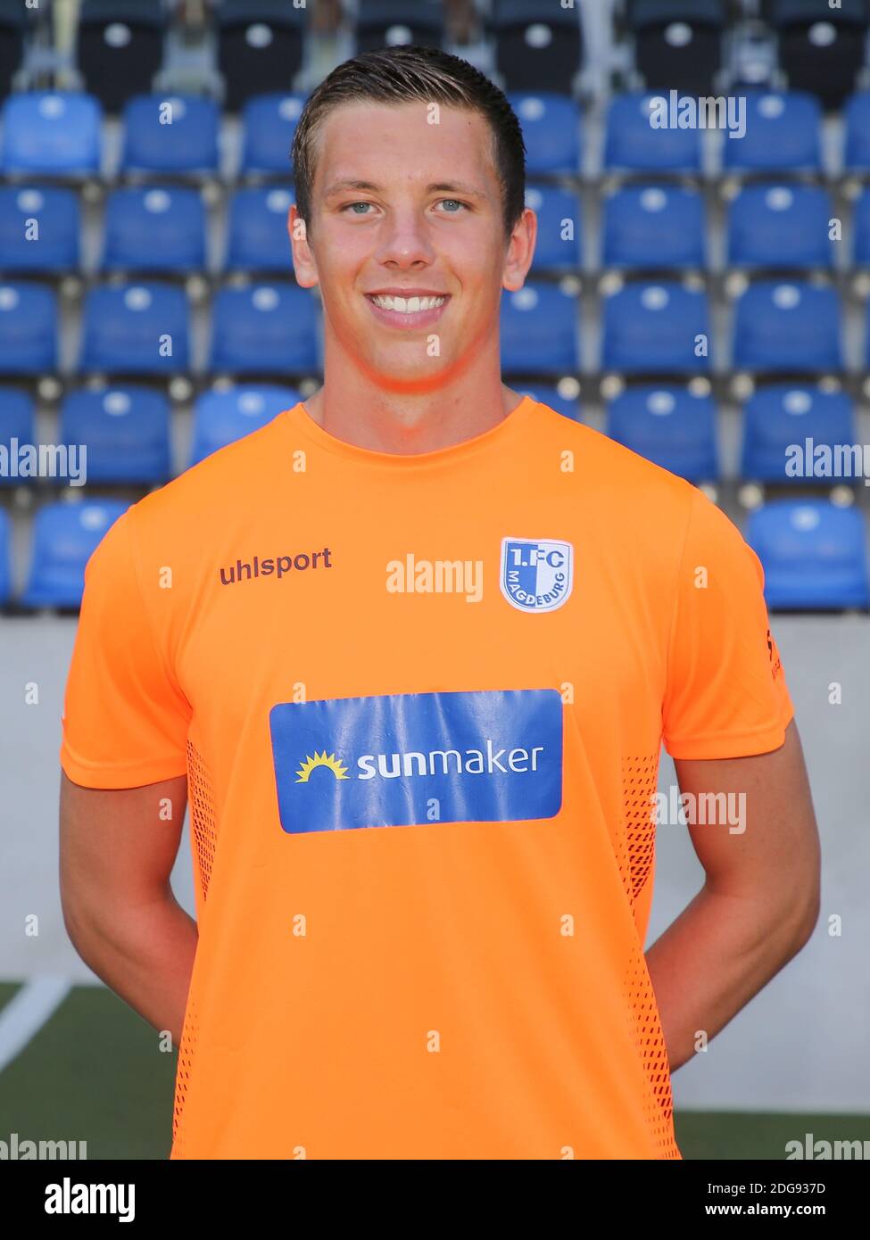 Portiere di calcio tedesco Alexander Brunst dal 1.FC Magdeburg DFB DFL 2.Bundesliga stagione 2018-19 Foto Stock