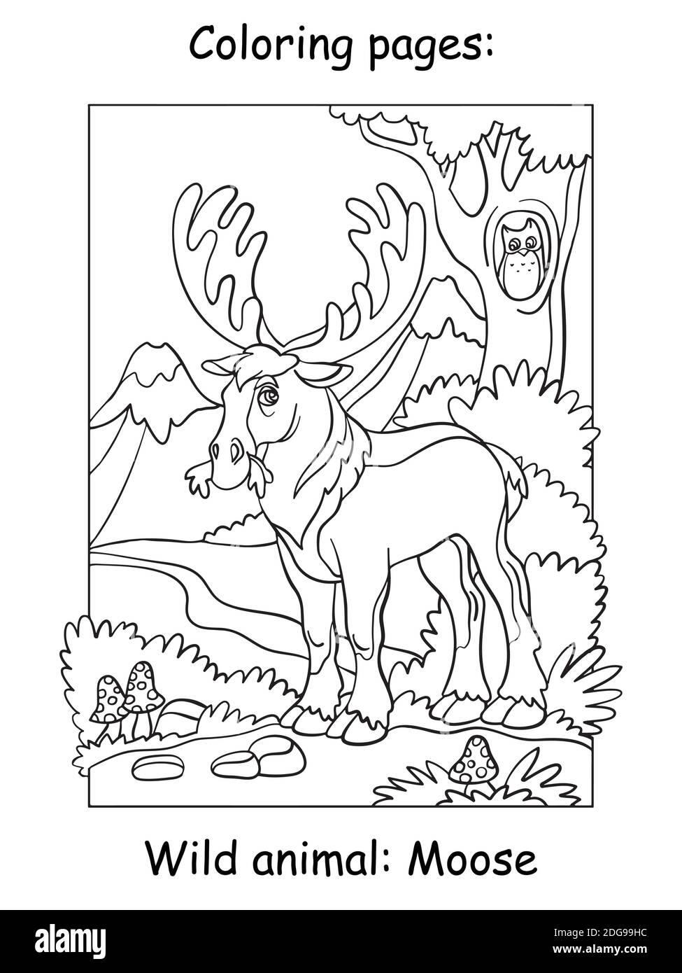 Pagine vettoriali da colorare con l'alce carino in zona di montagna. Illustrazione del contorno del cartone animato isolata su sfondo bianco. Illustrazione di stock per colorare boo Illustrazione Vettoriale