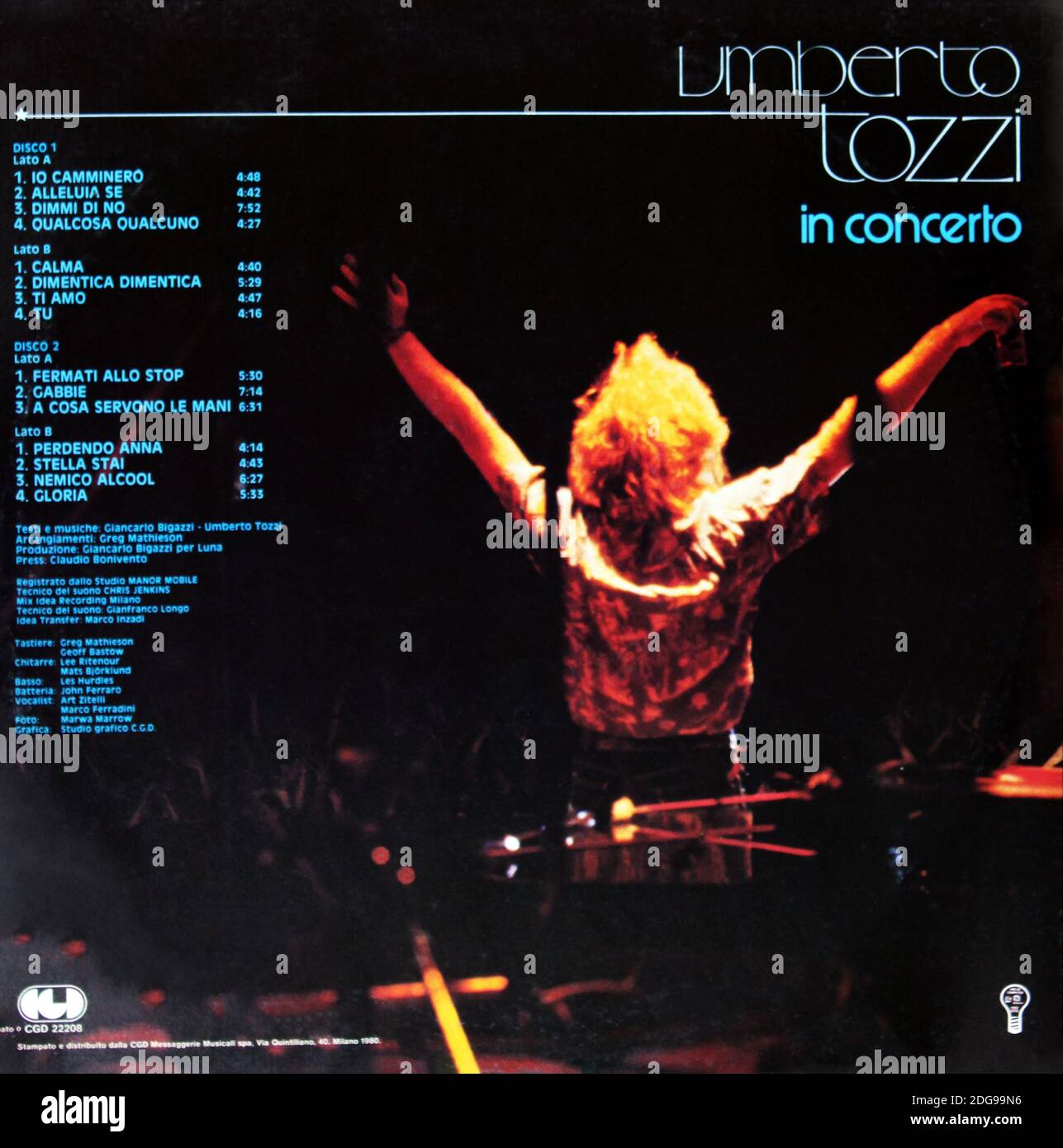 Umberto Tozzi: 1980. Doppio LP 'live' back cover: In Concerto' Foto Stock