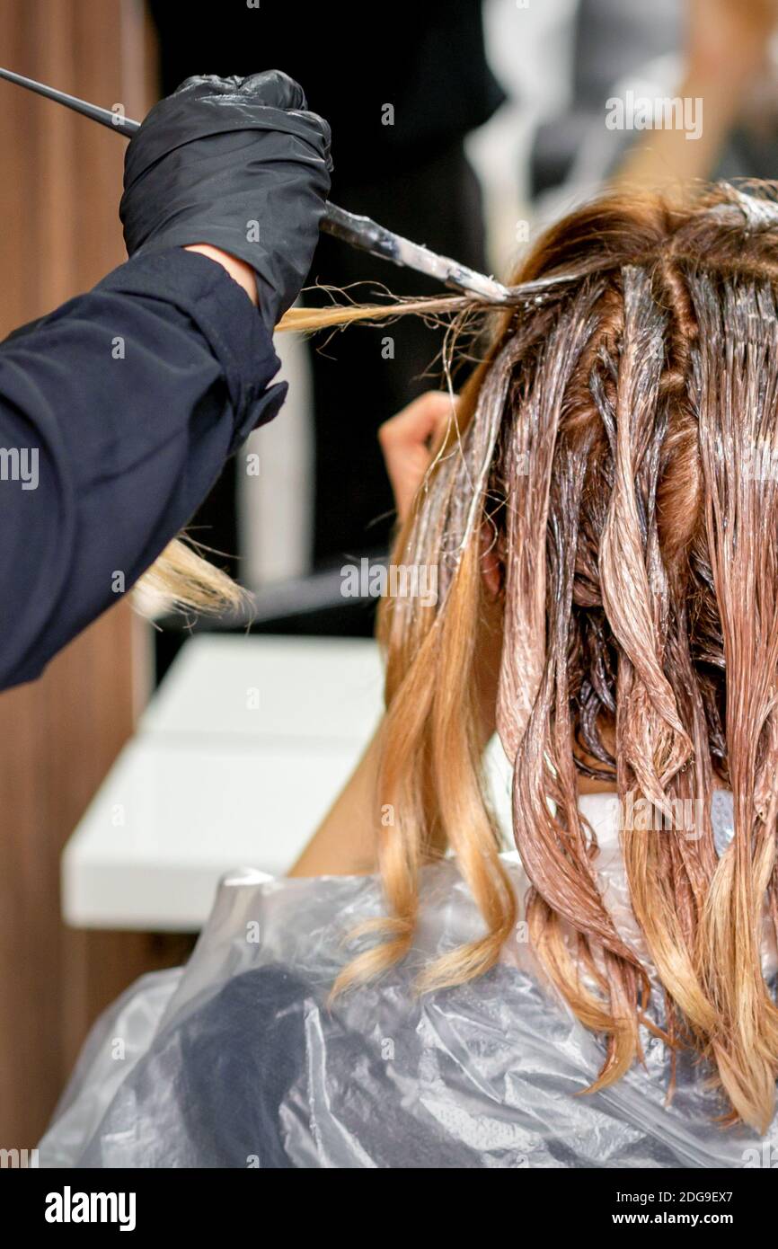 La mano del parrucchiere colorando i capelli femminili con una spazzola in a. salone di parrucchiere Foto Stock