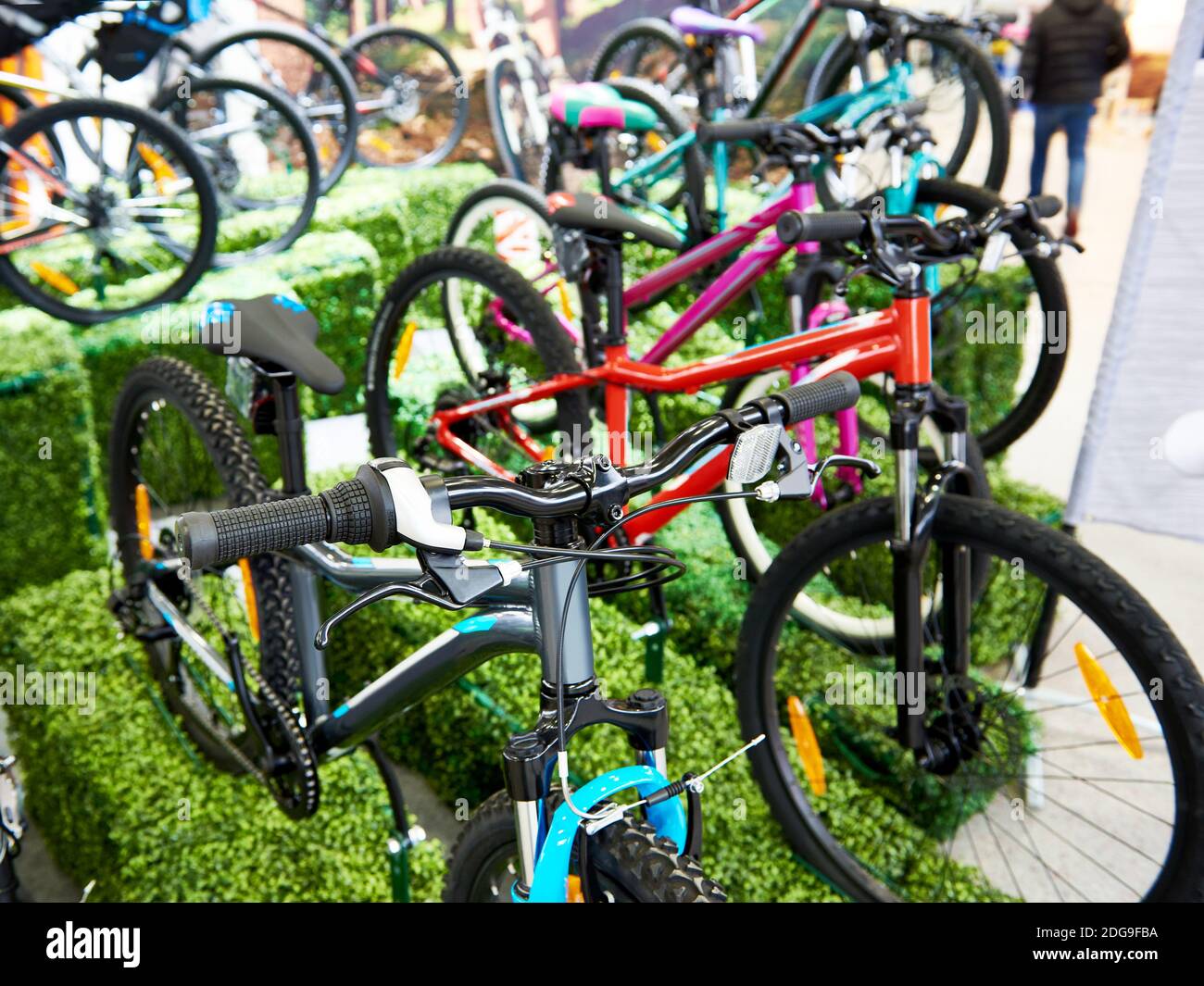 Fila moderno mountain bike nel negozio di articoli sportivi Foto Stock