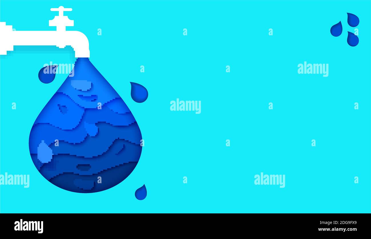 Blue Banner, Save Water Earth recourses concetto ecologico per infografica ambientale. Carta taglio stile. Illustrazione vettoriale. Illustrazione Vettoriale