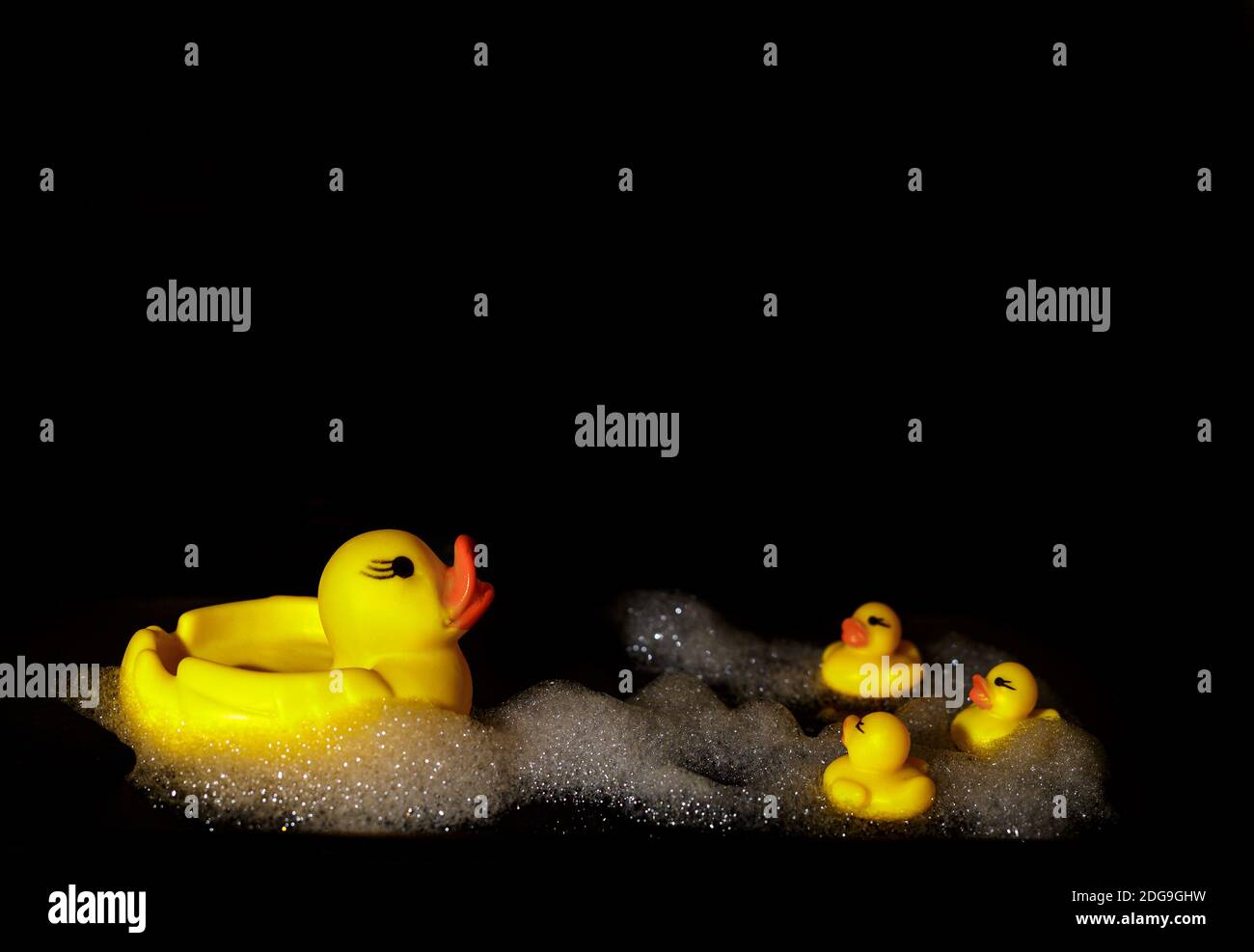 Anatre di gomma gialla con schiuma su sfondo nero con spazio per la copia, giocattoli per bambini in bagno Foto Stock
