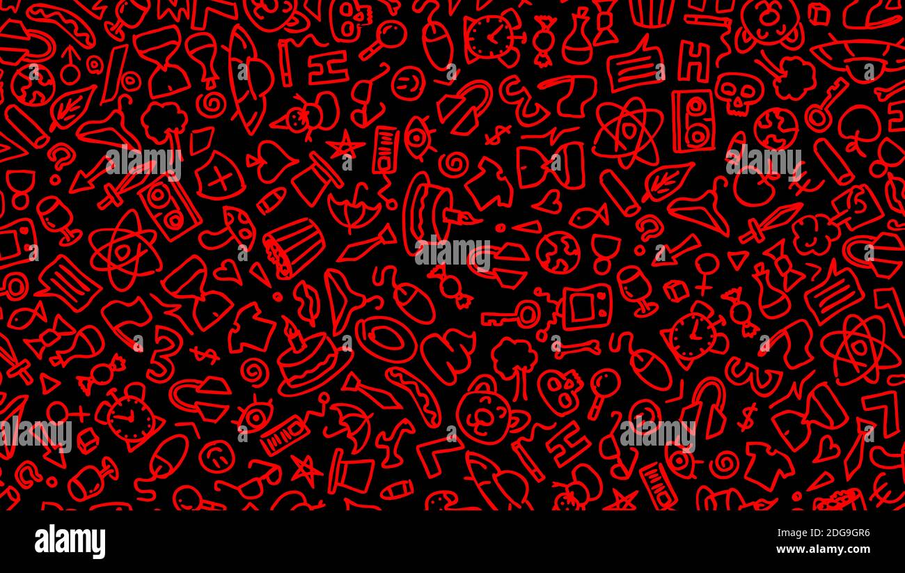 Cartoni animati rossi disegnati a mano hippie doodles modello senza giunture. Linea d'arte dettagliata, con un sacco di oggetti sfondo nero. Nero su sfondo bianco. illusione 2d Foto Stock