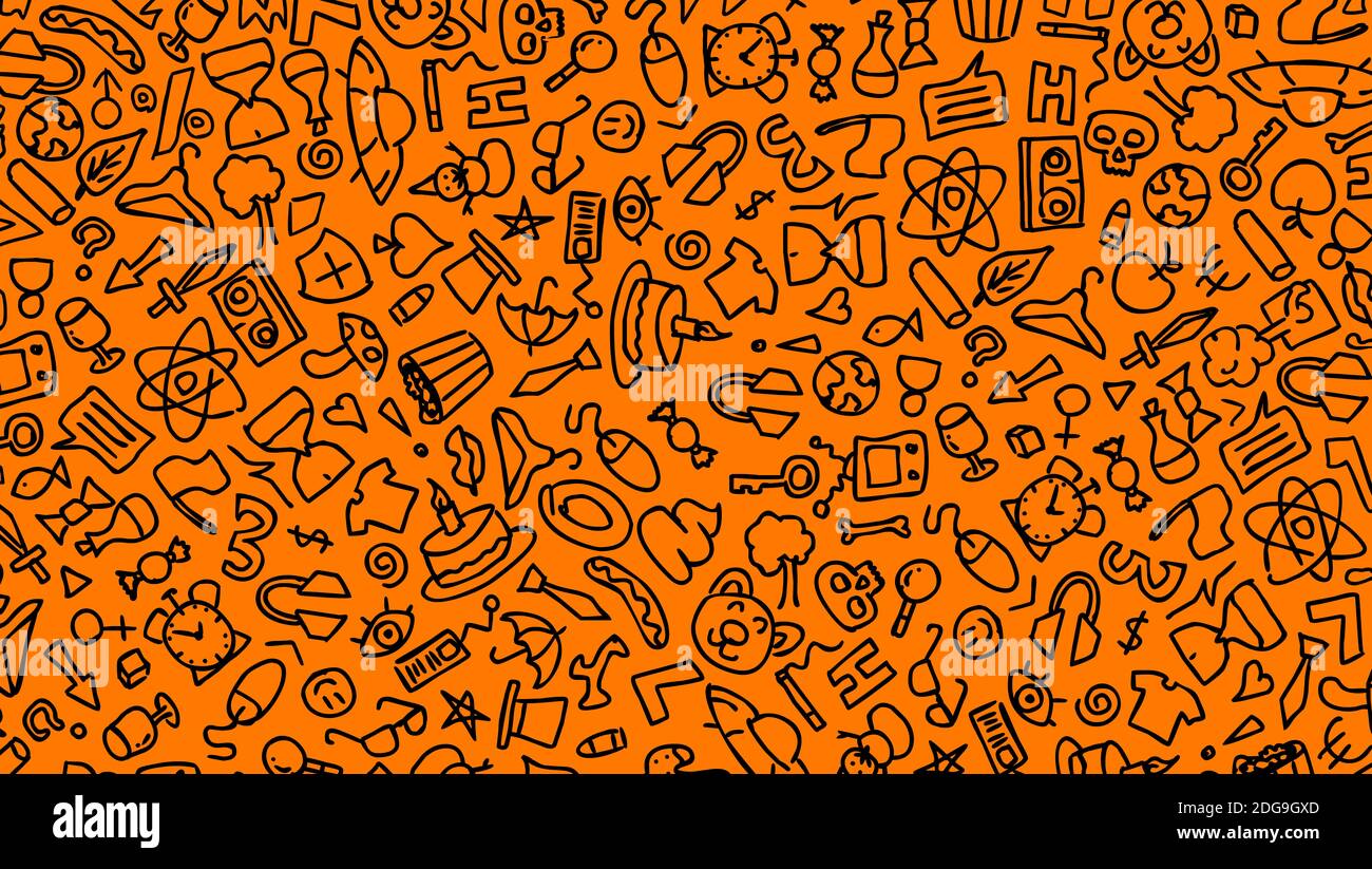 Cartoni animati arancioni disegnati a mano hippie doodles modello senza giunture. Linea d'arte dettagliata, con un sacco di oggetti sfondo nero. Nero su sfondo bianco. 2d ill Foto Stock