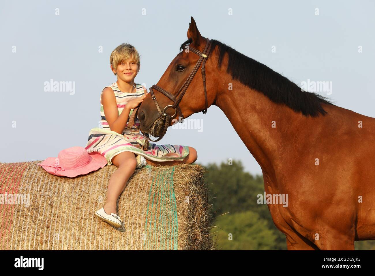 Bella ragazza con cavallo siediti sull'haybale in estate Foto Stock