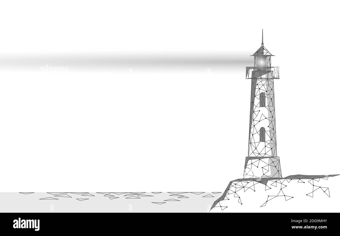 Faro torre emettere luci e lenti di navigazione per i piloti marittimi in mare oceano. Luce di ricerca fascio marino notte basso poly. Sicurezza pericolosa Illustrazione Vettoriale