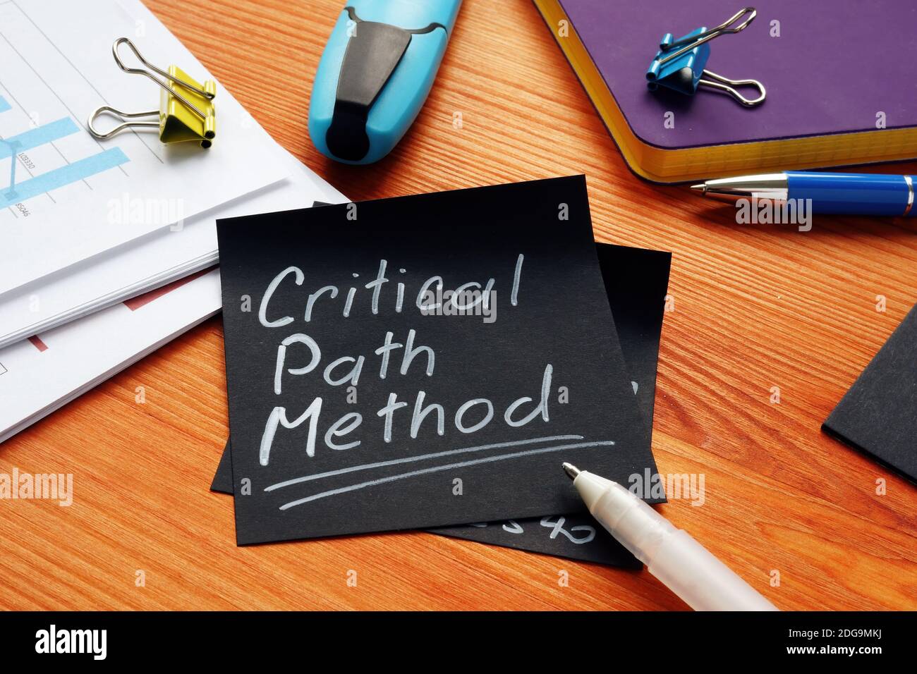 Memoria CPM del metodo di percorso critico e pila di carta per l'analisi. Foto Stock