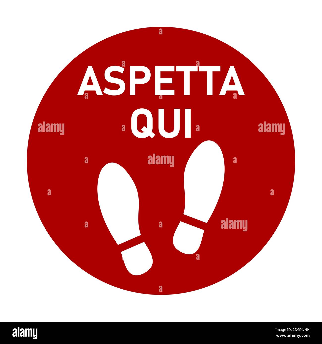 Aspetta qui ('aspetta qui' in italiano) o Stand Here Round Floor Sticker icona con testo e Shoeprints per coda linea. Immagine vettoriale. Illustrazione Vettoriale