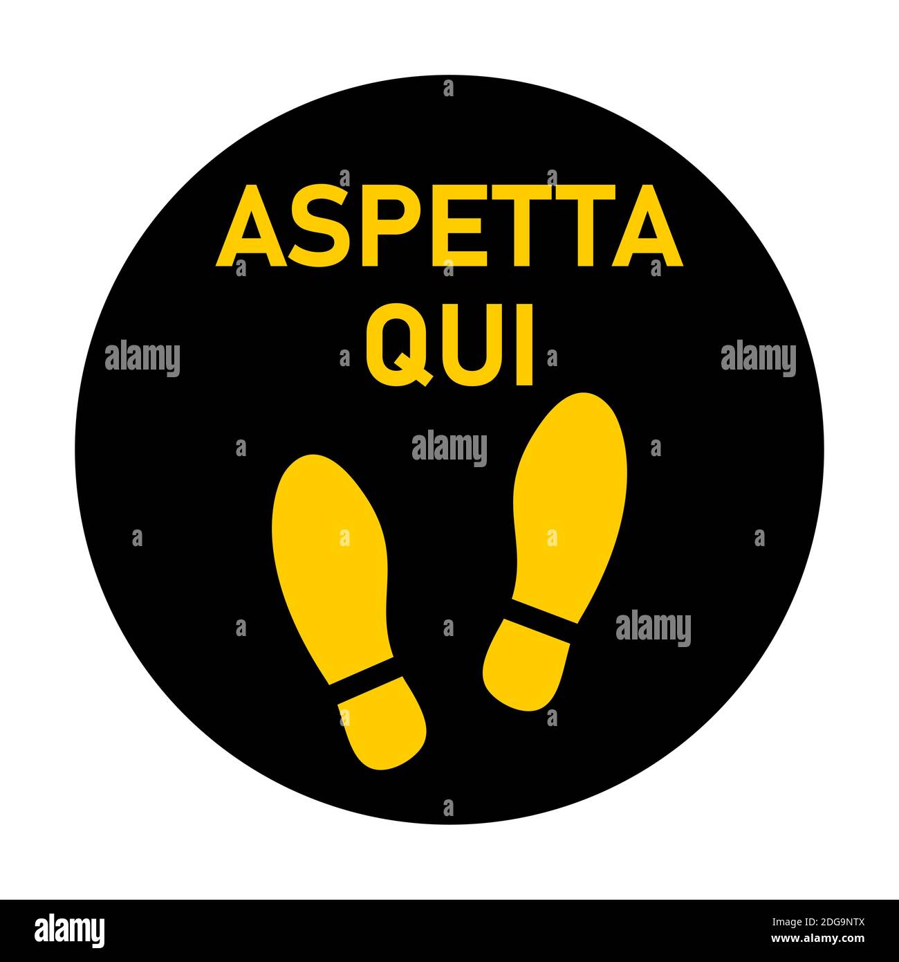 Aspetta qui ('aspetta qui' in italiano) o Stand Here Round Floor Sticker icona con testo e Shoeprints per coda linea. Immagine vettoriale. Illustrazione Vettoriale